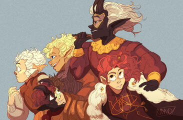 3 half-bodies, 2 portraits full color minimal background +4 characters *elaborate : $200